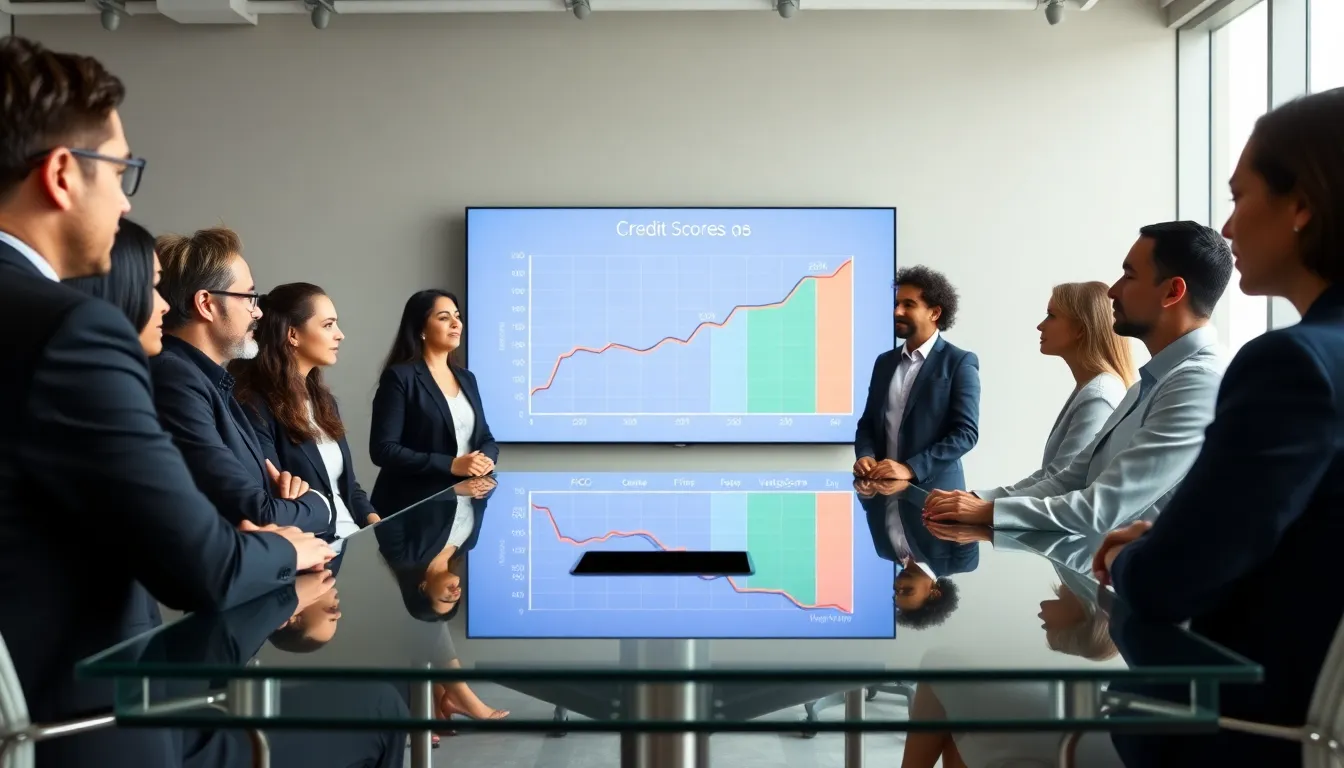 finance team discussing credit scores in a modern office.