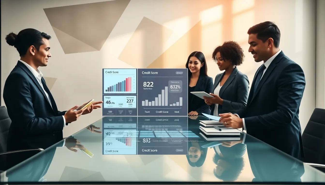 financial team discussing credit score metrics in a modern office.
