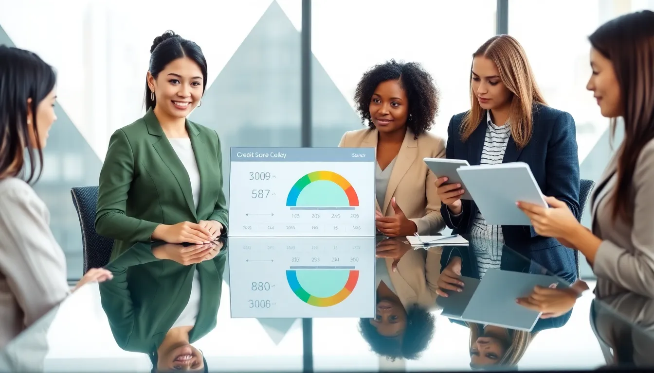 professionals discussing credit scores in a modern office setting.