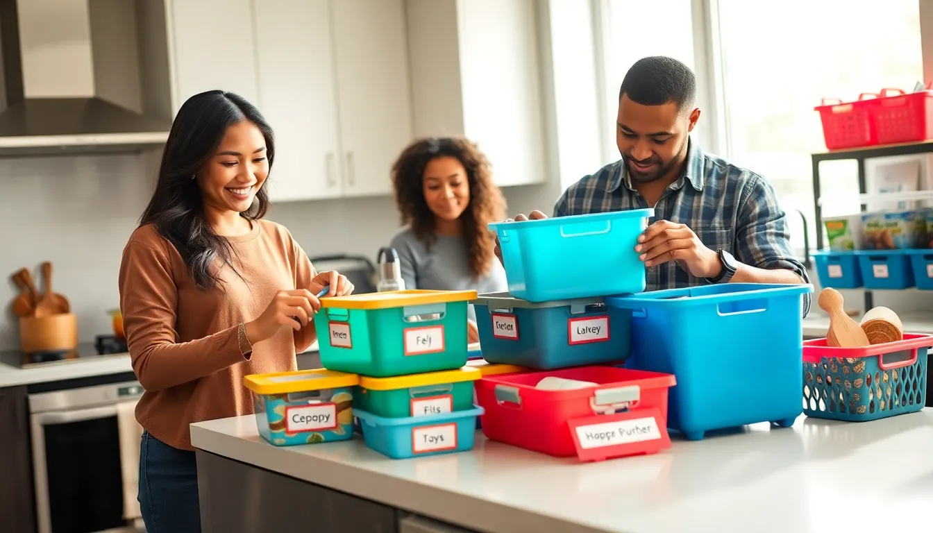 diverse group organizing a kitchen with Dollar Tree products.